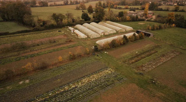 Parcelles maraîchères et serres vues du ciel en Normandie